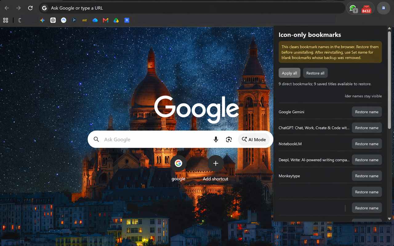 Icon-only Bookmarks popup after applying the extension