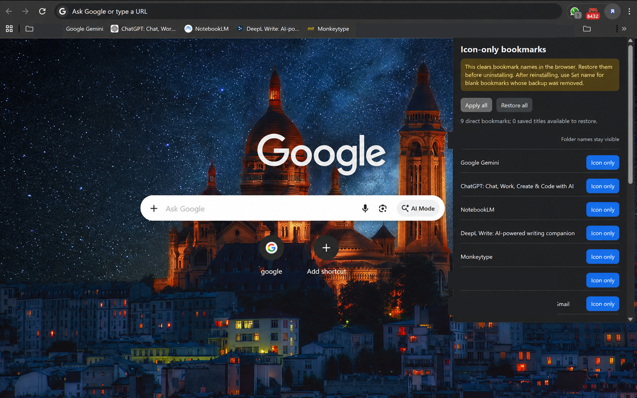 Icon-only Bookmarks popup before applying the extension